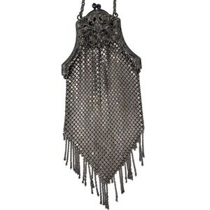 Chain Mail Mesh Purse Cobalt Stone Kiss Clasp‎ Fringed Flapper Evening Bag